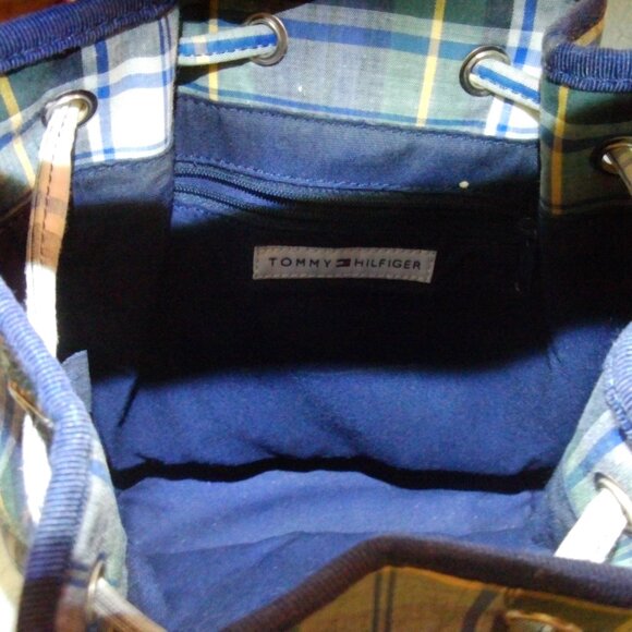 Vintage Tommy Hilfiger Plaid Drawstring Bucket Bag Purse Green Blue White - Picture 4 of 5